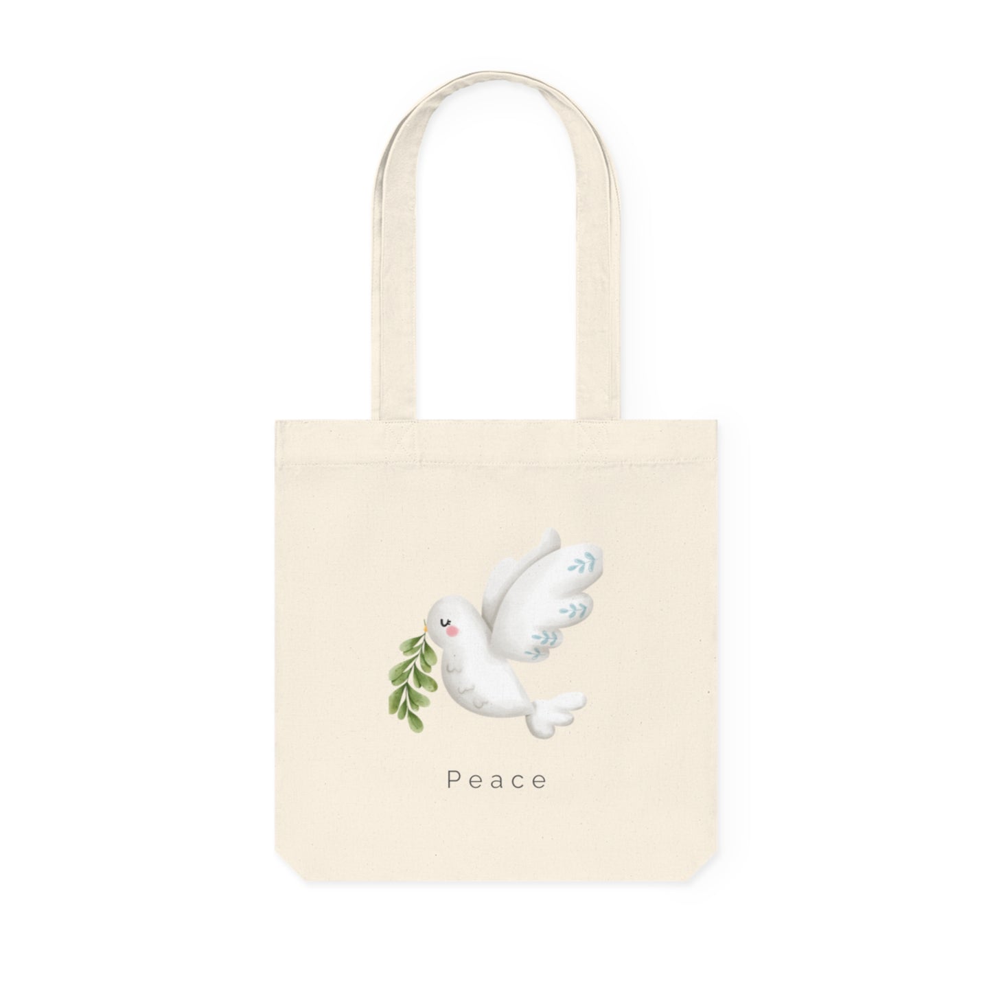 Cream-colored tote bag with a soft watercolor dove carrying olive leaves, above the word “Peace” in minimalist font.