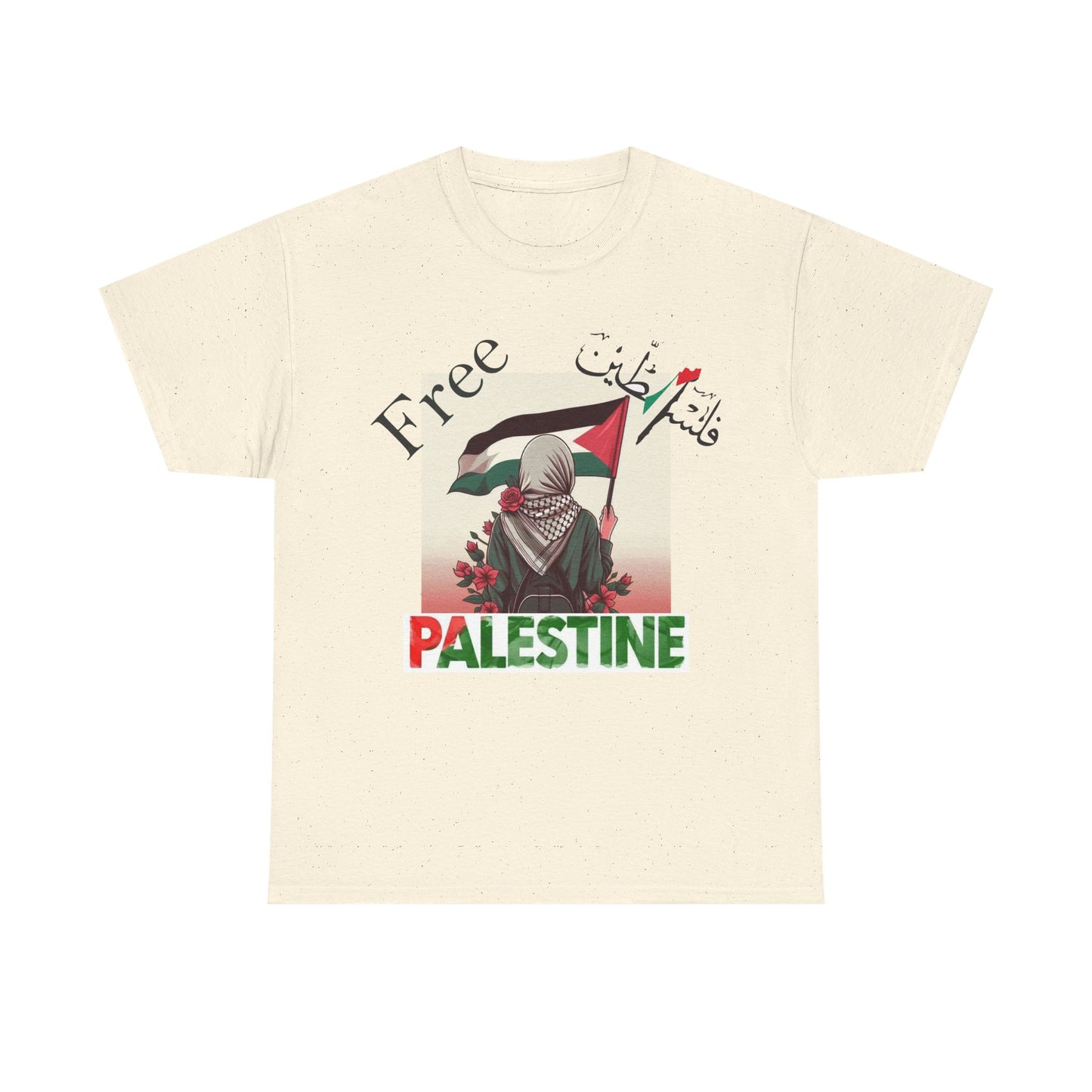 Beige t-shirt with a graphic design featuring a figure holding a flag and 'Free Palestine' text on a white background.
