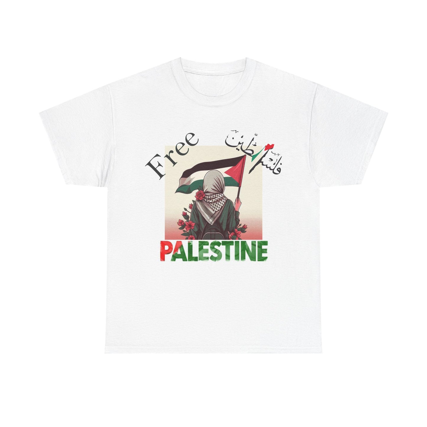 White t-shirt with a graphic design featuring a person holding a flag and 'Free Palestine' text on a white background.