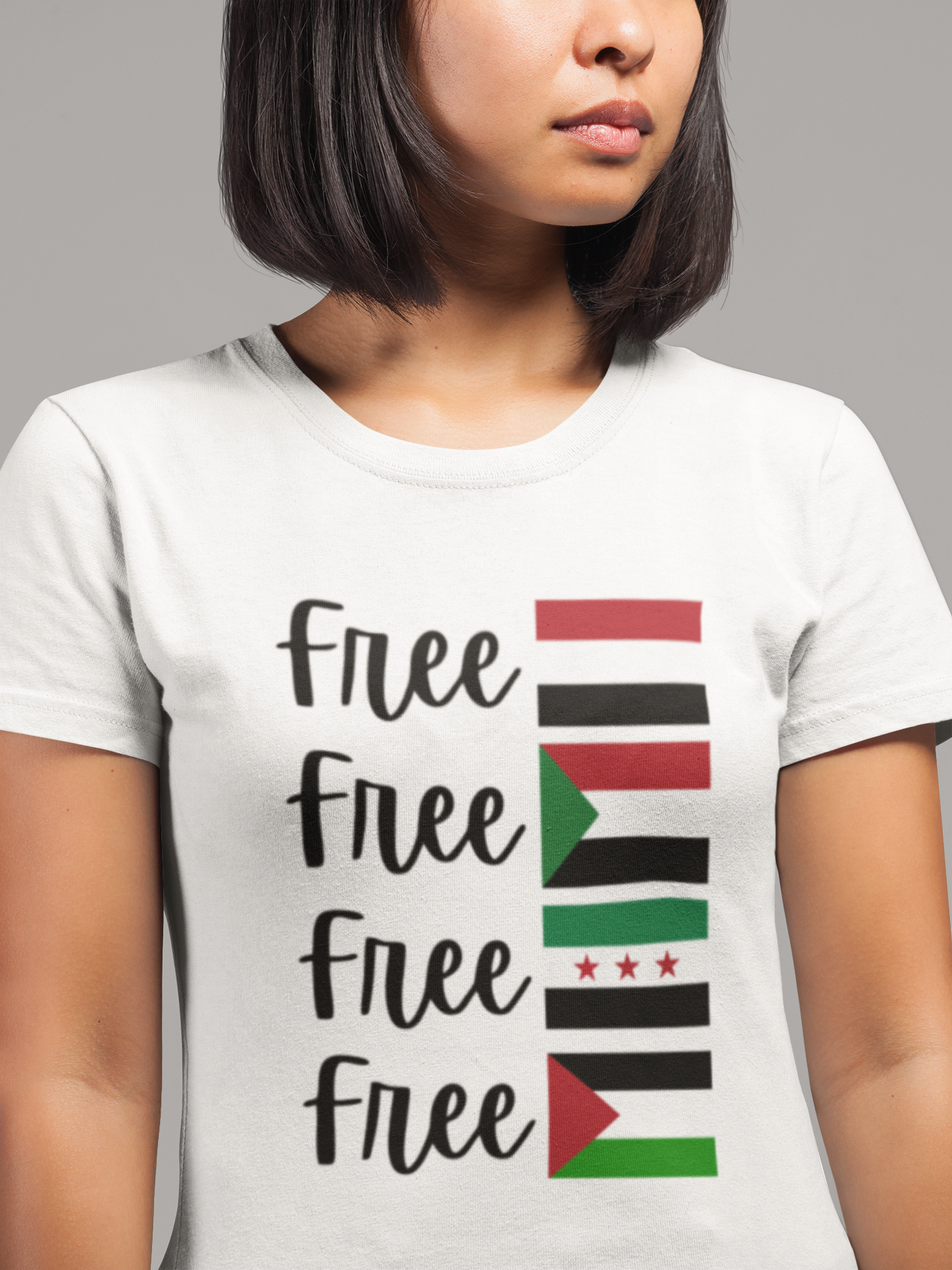 Global solidarity activist t-shirt featuring Syria, Sudan, Yemen, and Palestine.