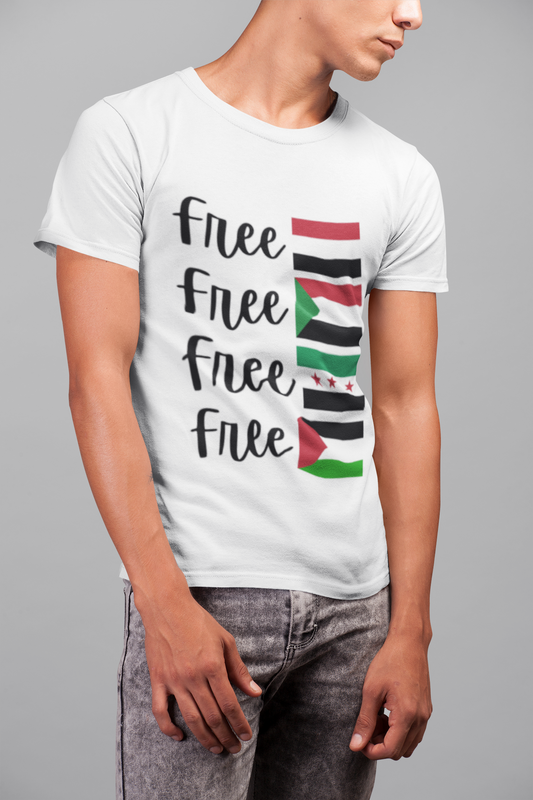 Global solidarity activist t-shirt featuring Syria, Sudan, Yemen, and Palestine.