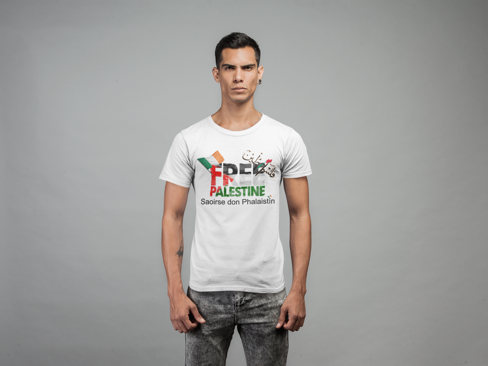 Irish jersey-style Free Palestine t-shirt supporting Gaza and human rights.