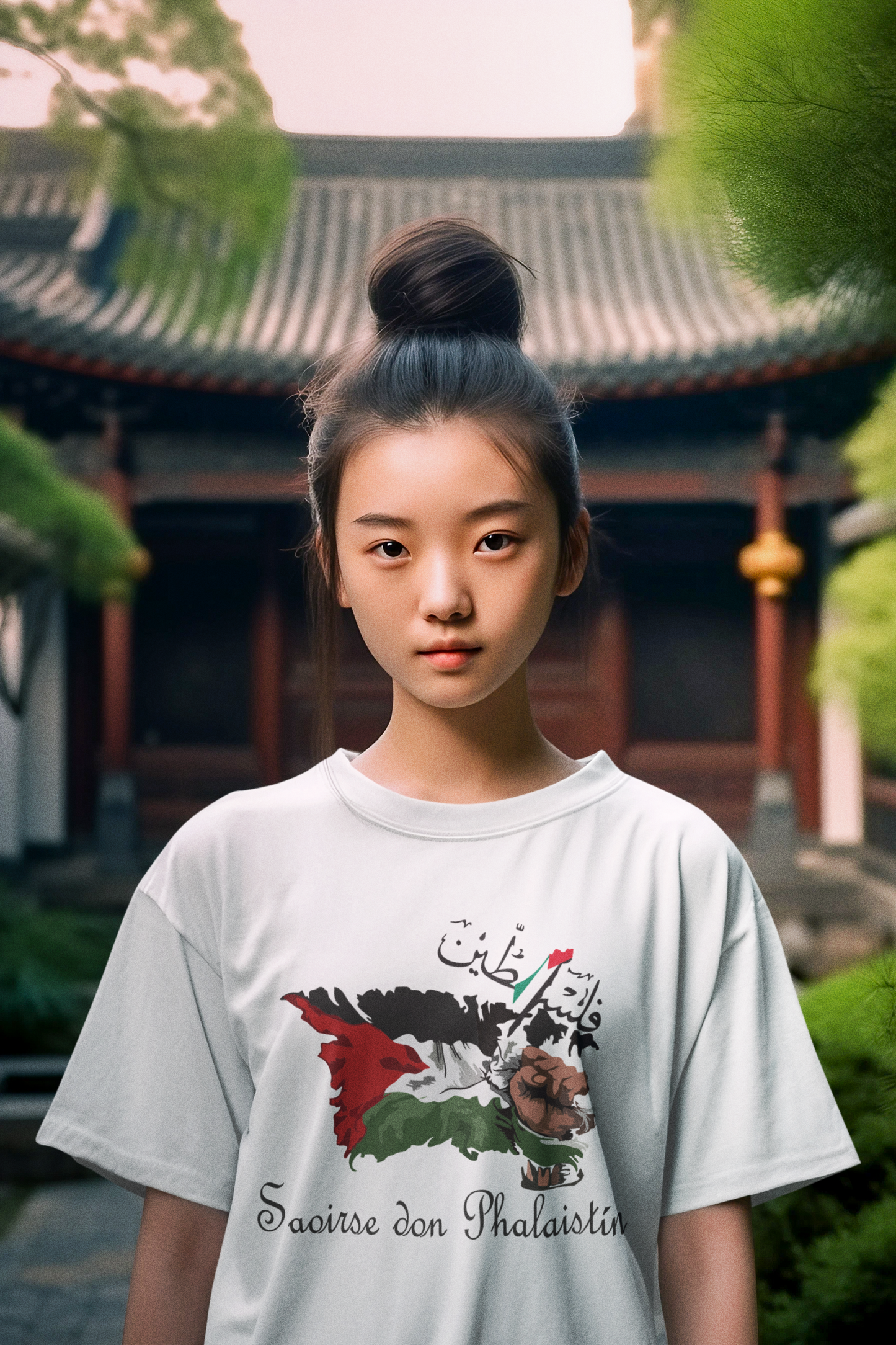 Irish solidarity t-shirt supporting Palestine with Saoirse don Phalaistín message.