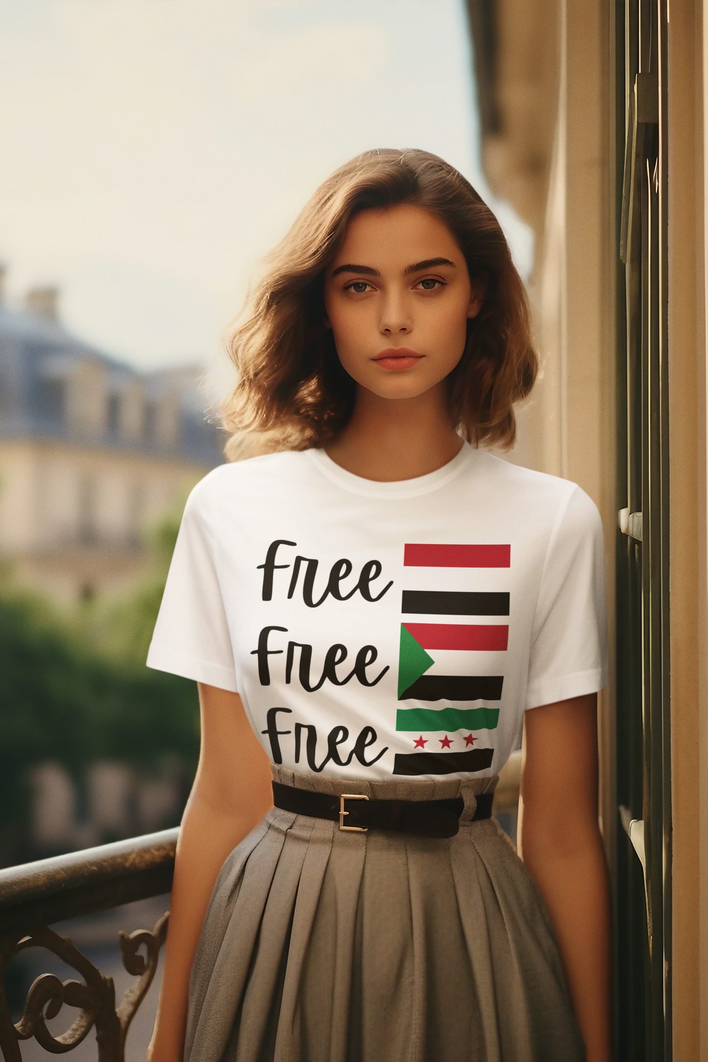 Global solidarity activist t-shirt featuring Syria, Sudan, Yemen, and Palestine.