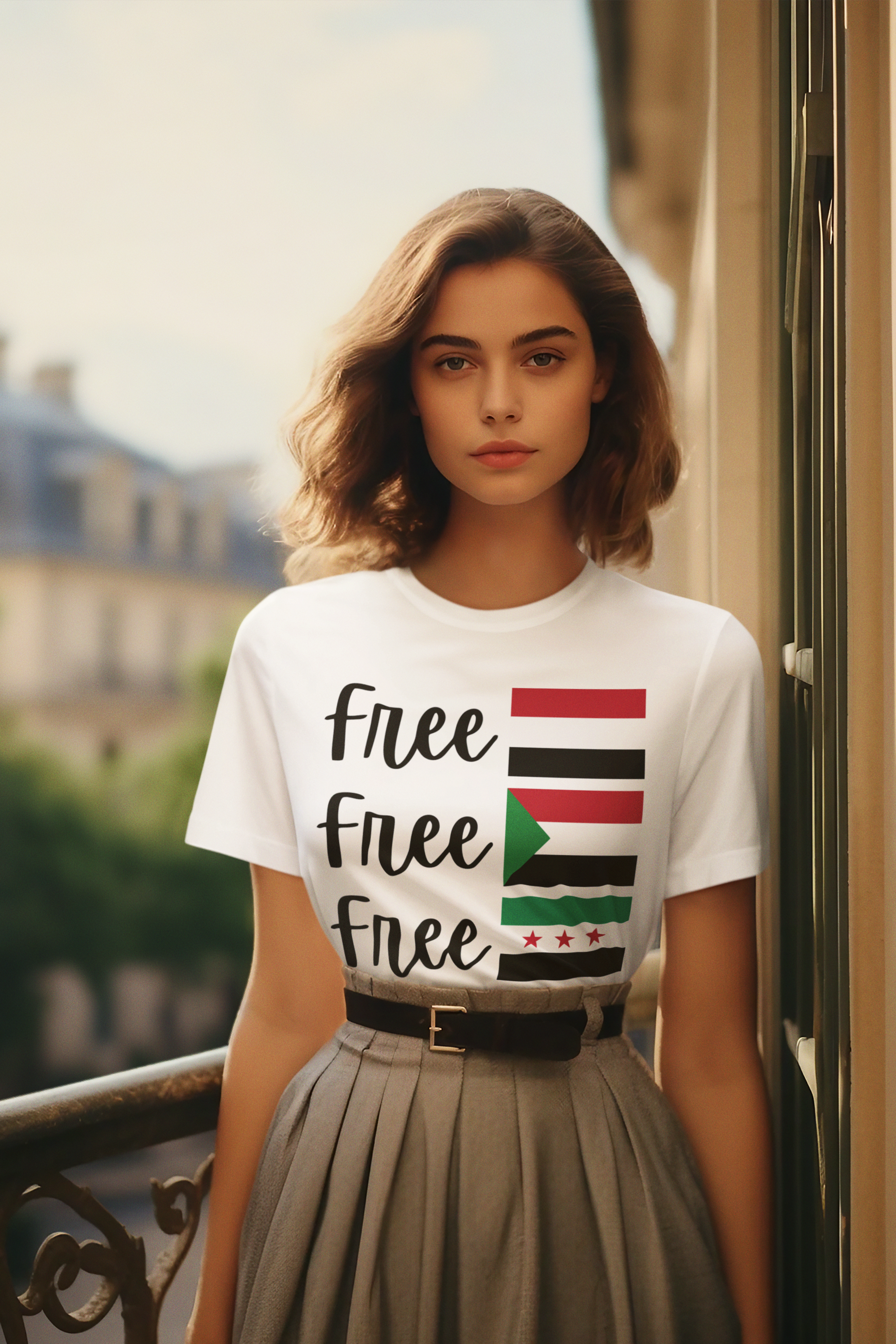 Global solidarity activist t-shirt featuring Syria, Sudan, Yemen, and Palestine.